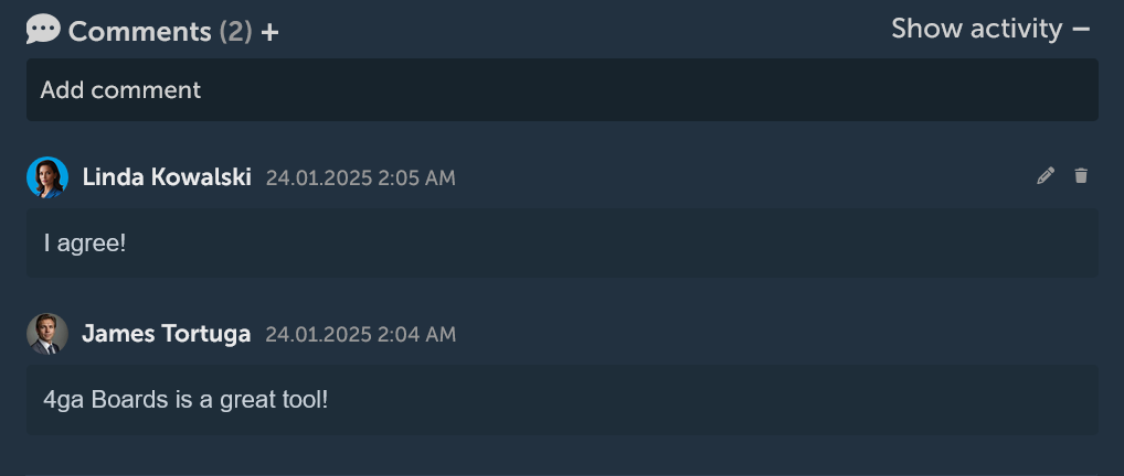 Card comments