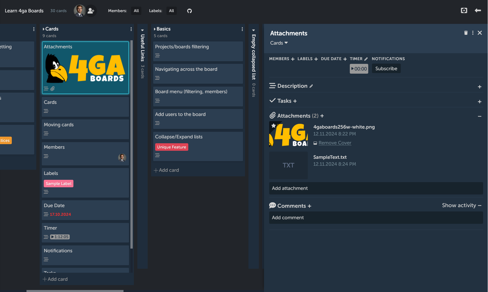 Open card view with full board view and card logo attached