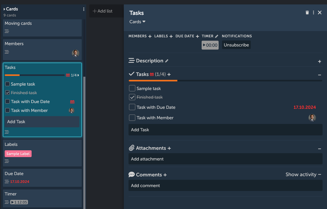 Card tasks options