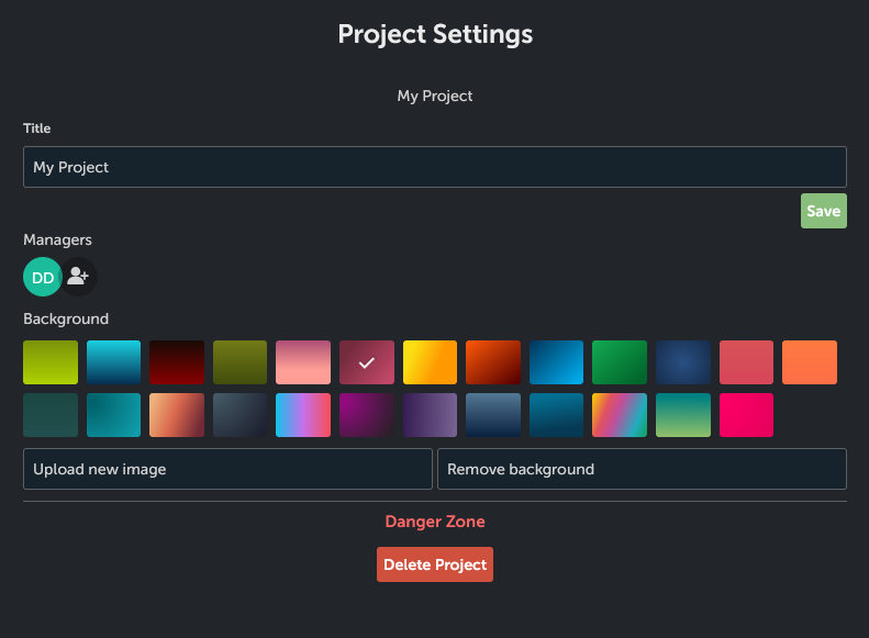 Project settings view