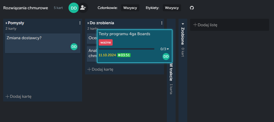 Prezentacja przeciągania karty pomiędzy listami