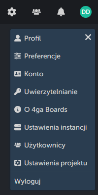 Menu ustawień po kliknięciu w zdjęcie profilowe